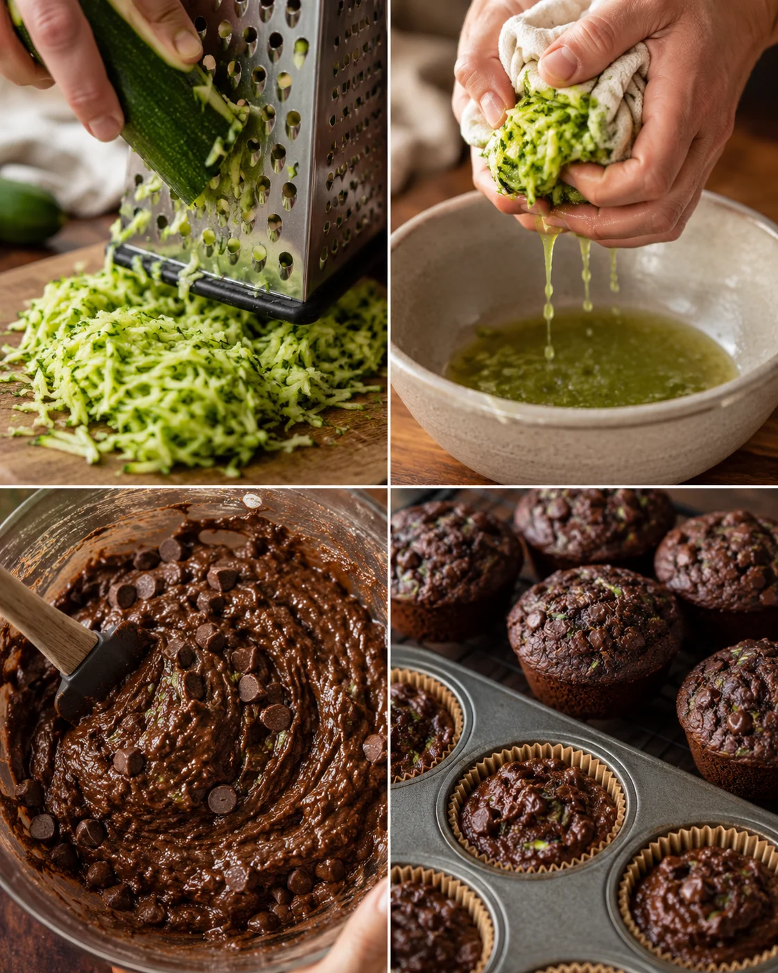 Freshly grated zucchini for moist chocolate chip muffins in the kitchen.