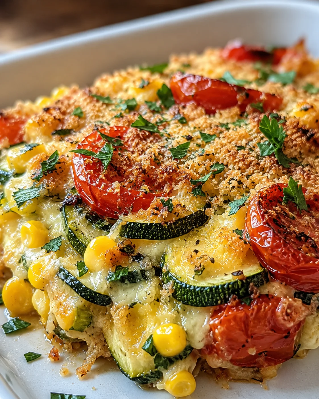 Colorful baked zucchini, corn, and tomato casserole topped with Parmesan and herbs.
