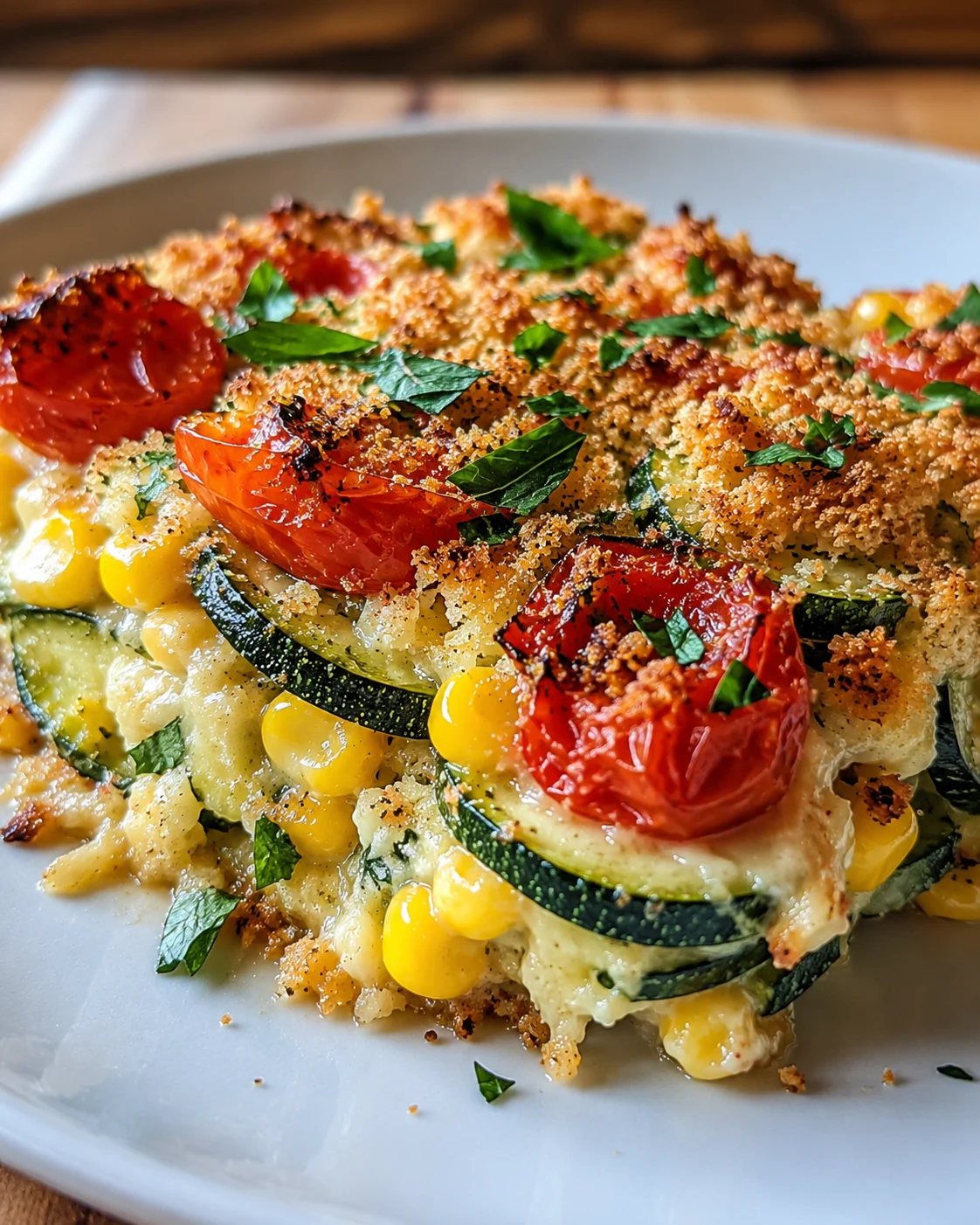 Close-up of a colorful baked zucchini casserole topped with Parmesan and basil