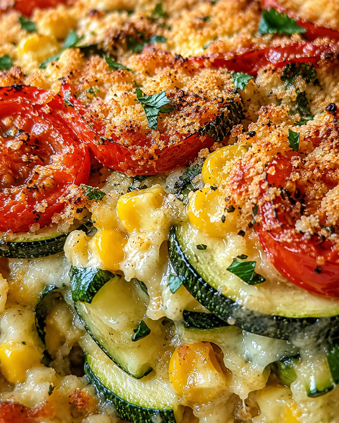 Colorful zucchini, corn, and tomatoes baked with melted cheese and Parmesan topping