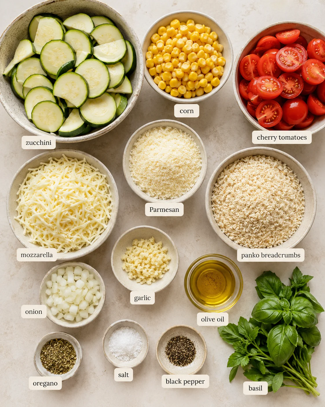 Colorful ingredients for zucchini corn tomato bake arranged in bowls on a light surface