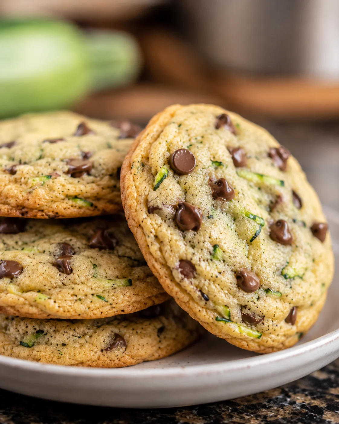 Zucchini Chocolate Chip Cookies Close-up of soft zucchini chocolate chip cookies with green flecks and melted chocolate chips.