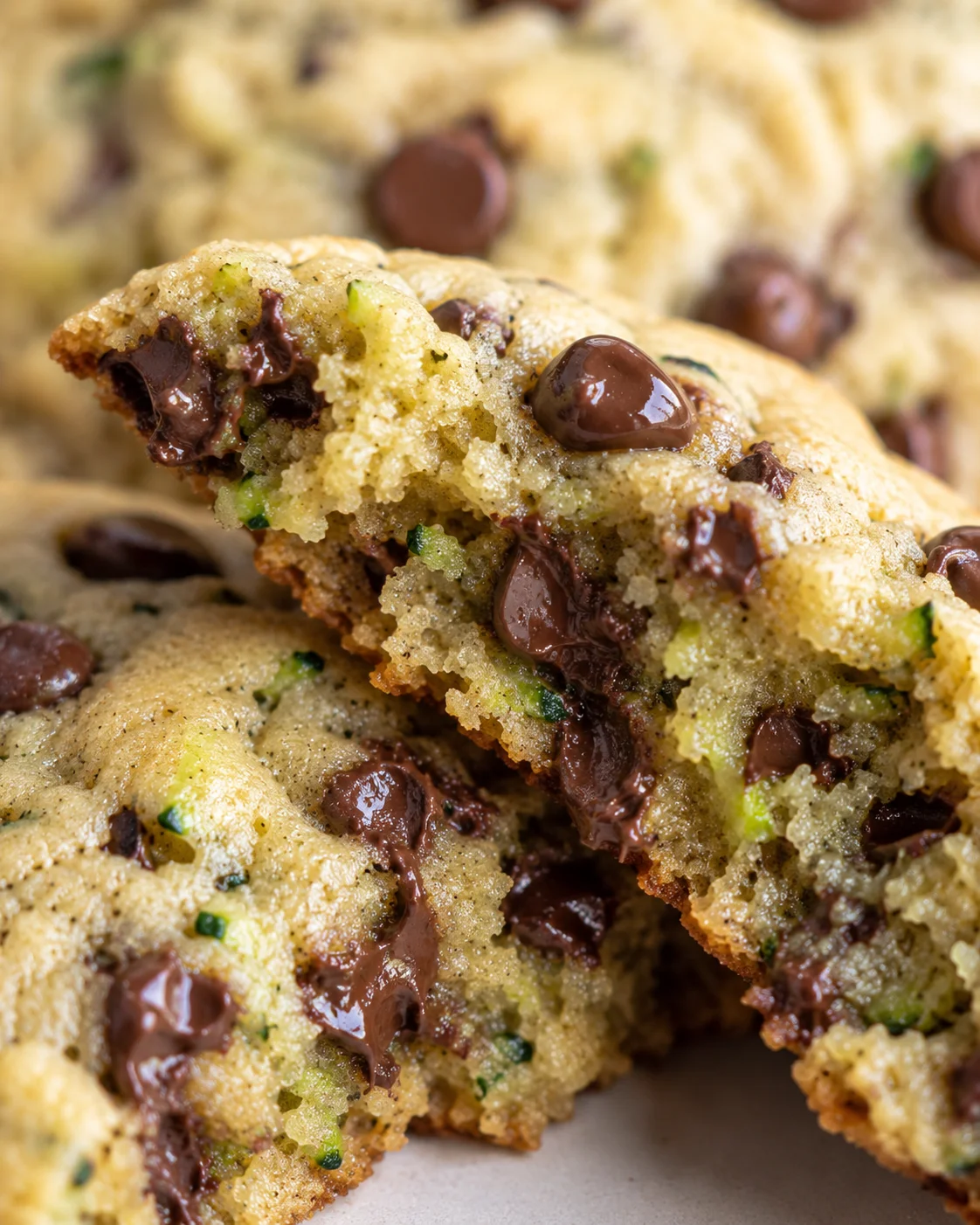 Soft Zucchini Chocolate Chip Cookies Close-up of freshly baked, soft zucchini chocolate chip cookies with chocolate and zucchini bits