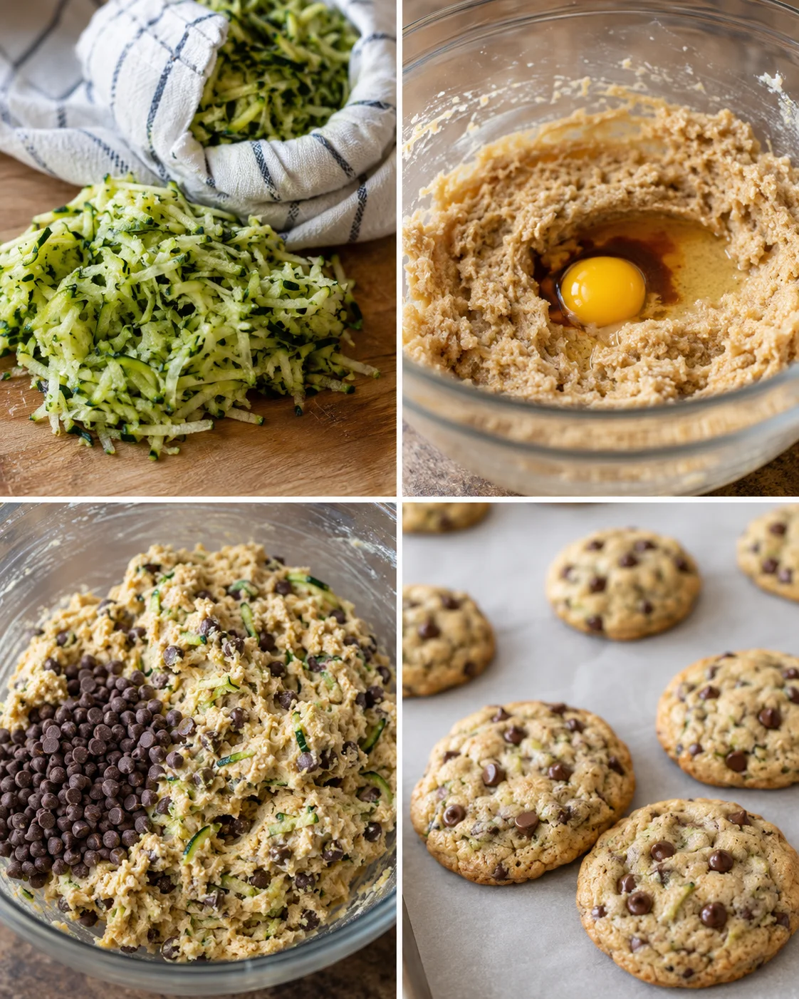 Soft Zucchini Cookies Freshly grated zucchini and cookie dough ready for baking, with chocolate chips on tray.