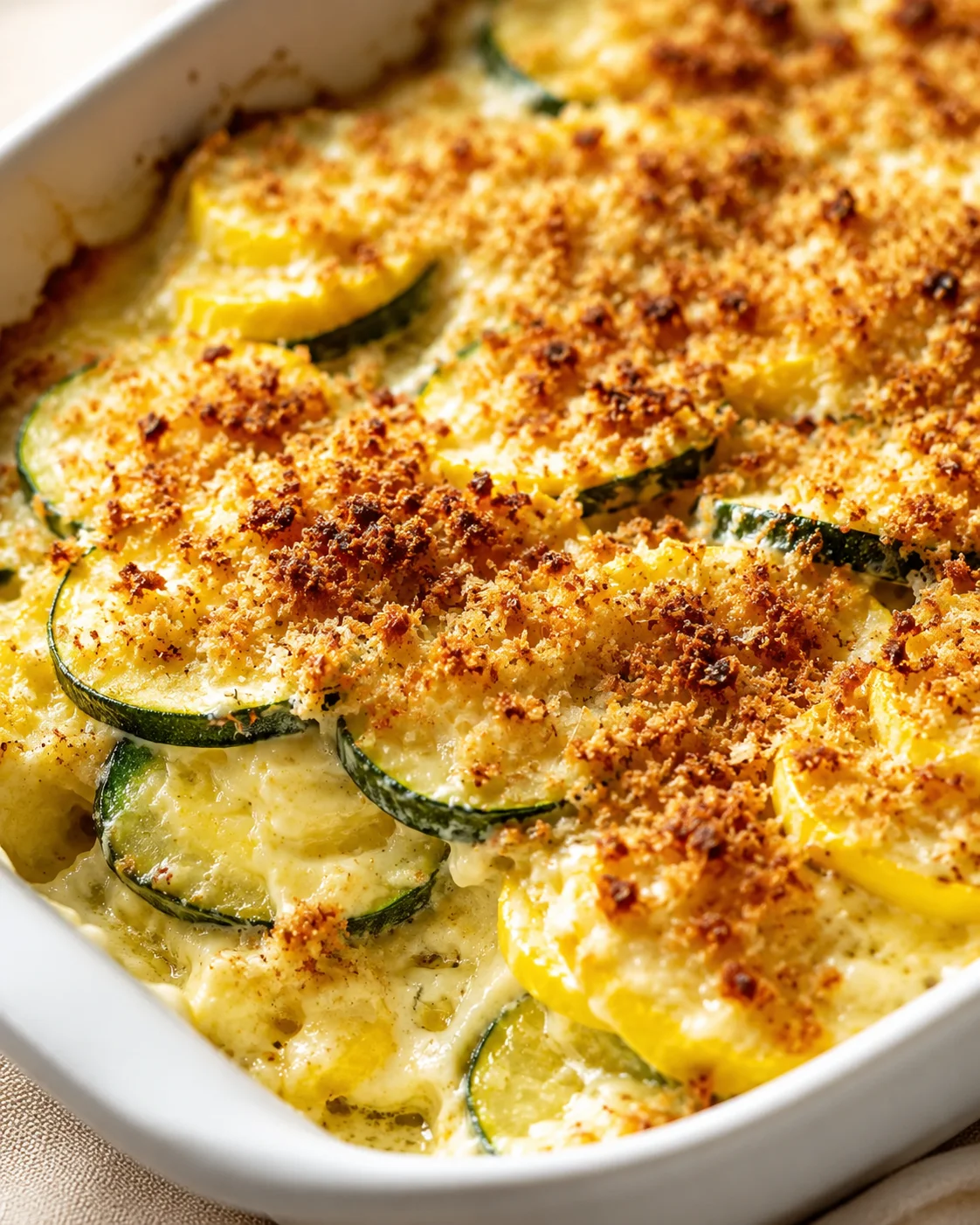 Close-up of a baked zucchini and yellow squash casserole with crispy topping.