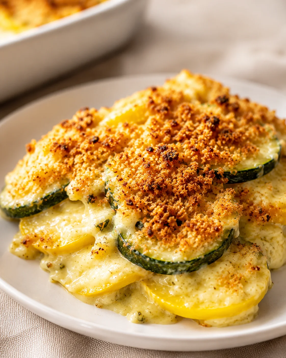 Delicious and crispy zucchini and yellow squash casserole with golden topping