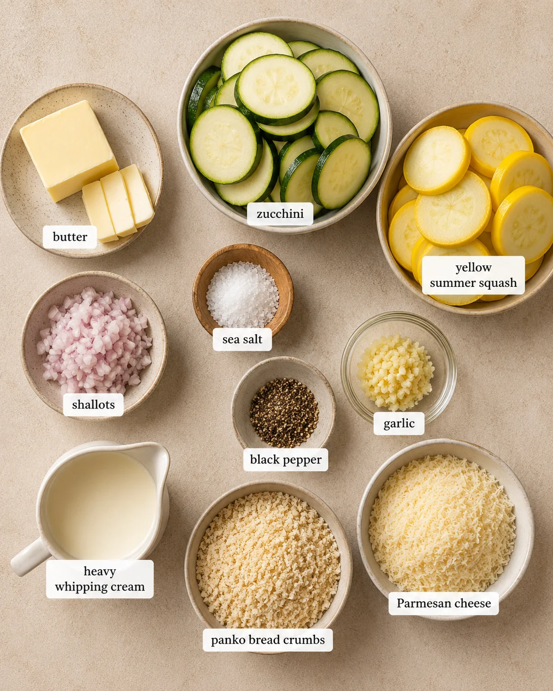 Bowls of sliced zucchini, yellow squash, and ingredients for casserole preparation.