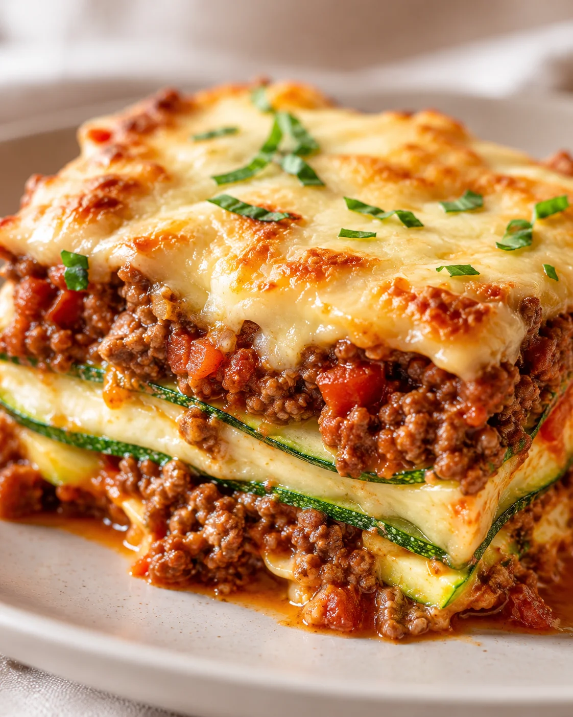 Delicious baked zucchini casserole topped with melted cheese and herbs