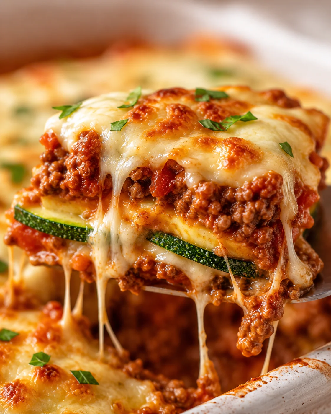 Close-up of cheesy baked zucchini and ground beef casserole with melted cheese and herbs