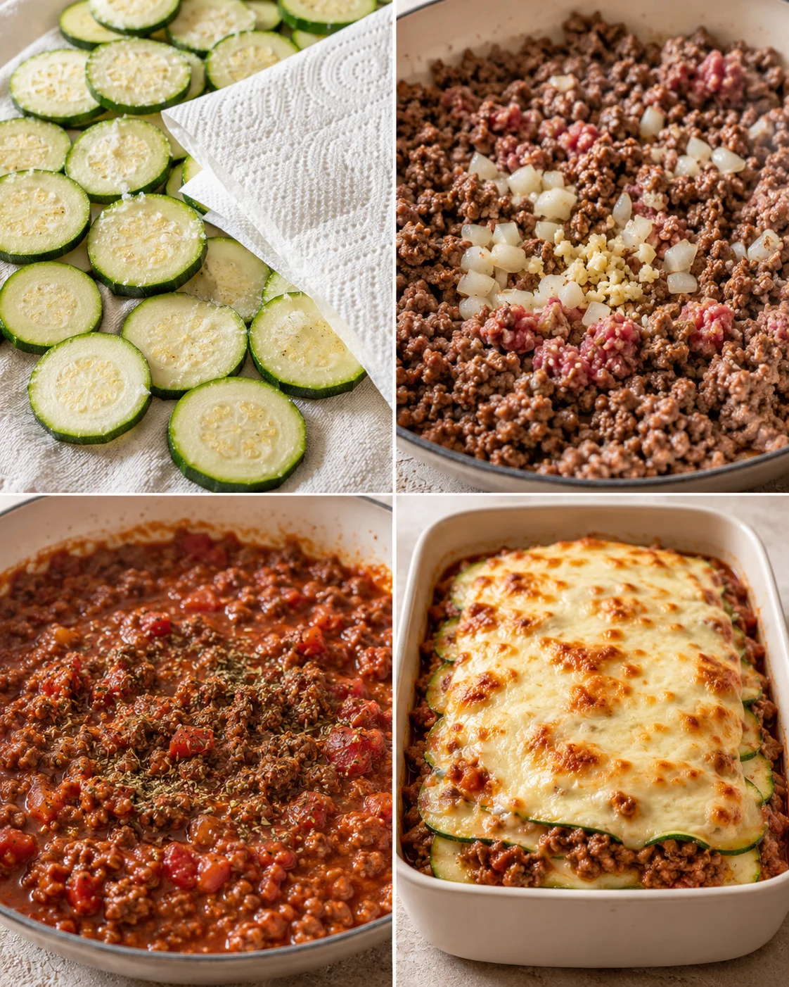 Layers of zucchini and seasoned ground beef topped with melted cheese in a casserole dish