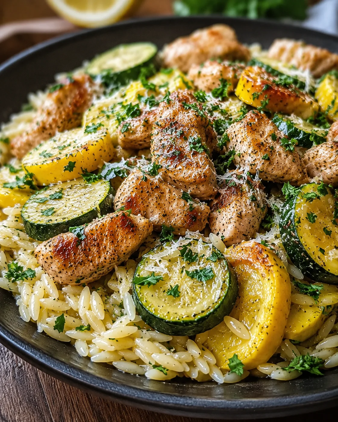 Juicy chicken breast with colorful zucchini and yellow squash in a skillet