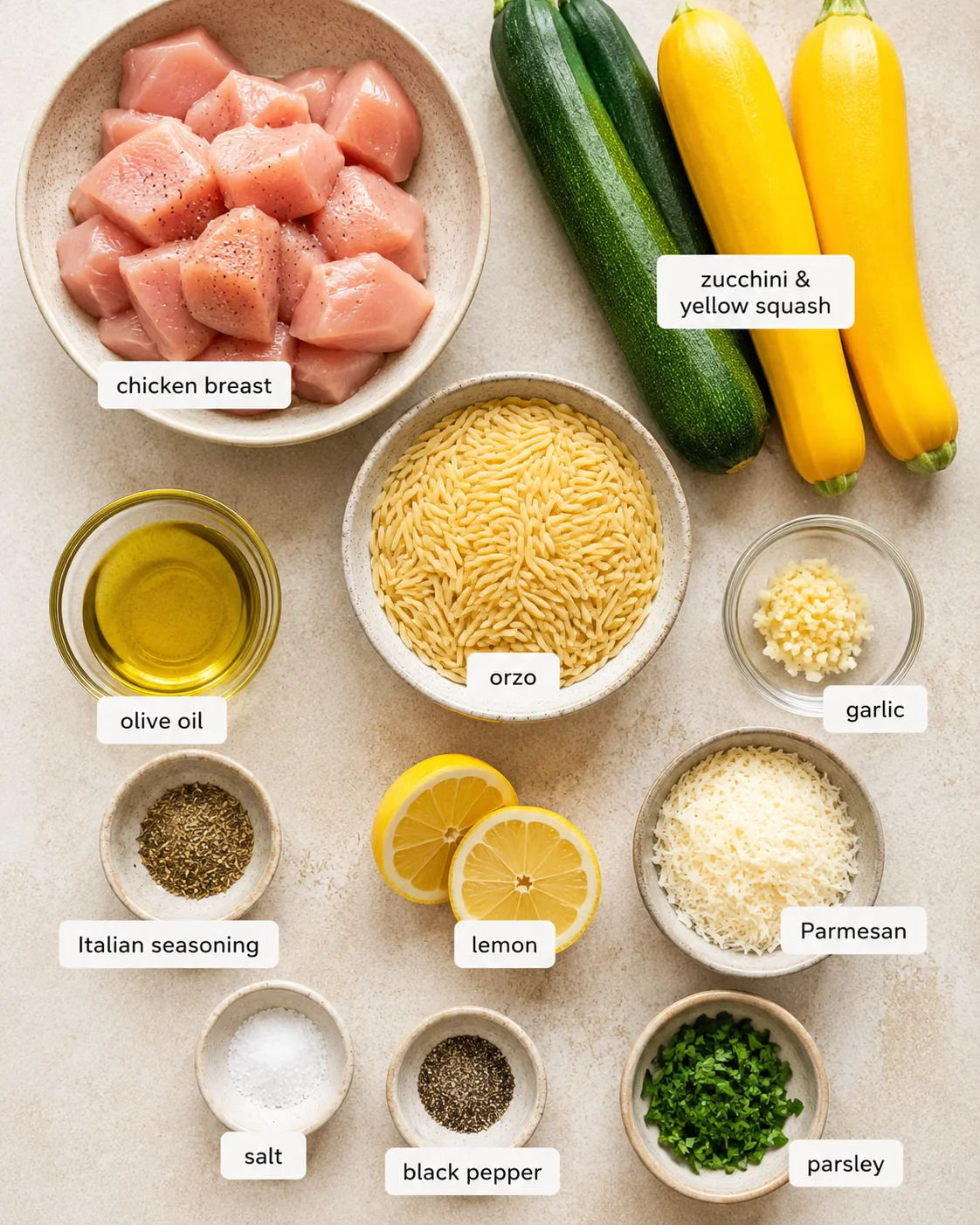 Fresh chicken breast, zucchini, yellow squash, garlic, and Parmesan cheese ingredients.