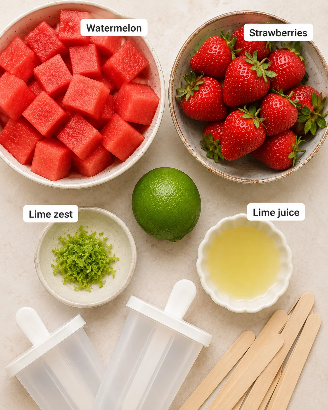 Fresh strawberries and watermelon cubes with lime and popsicle molds ready to freeze.
