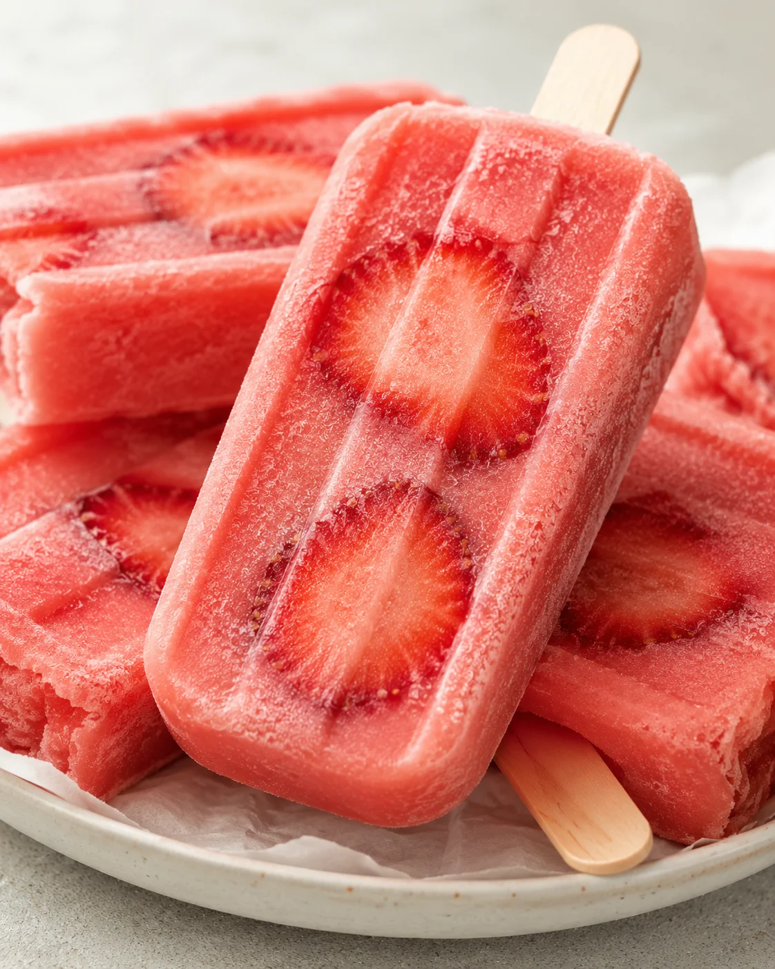 Bright pink watermelon and juicy strawberries are blended into refreshing popsicles.