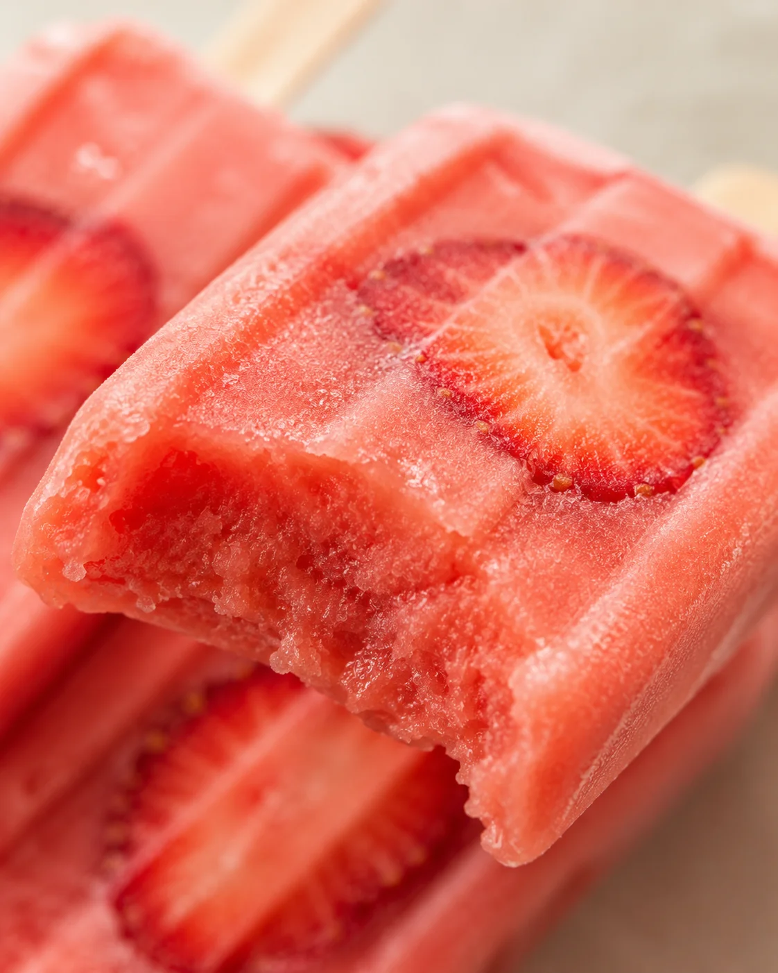 Close-up of colorful homemade strawberry watermelon popsicles with fresh fruit pieces.