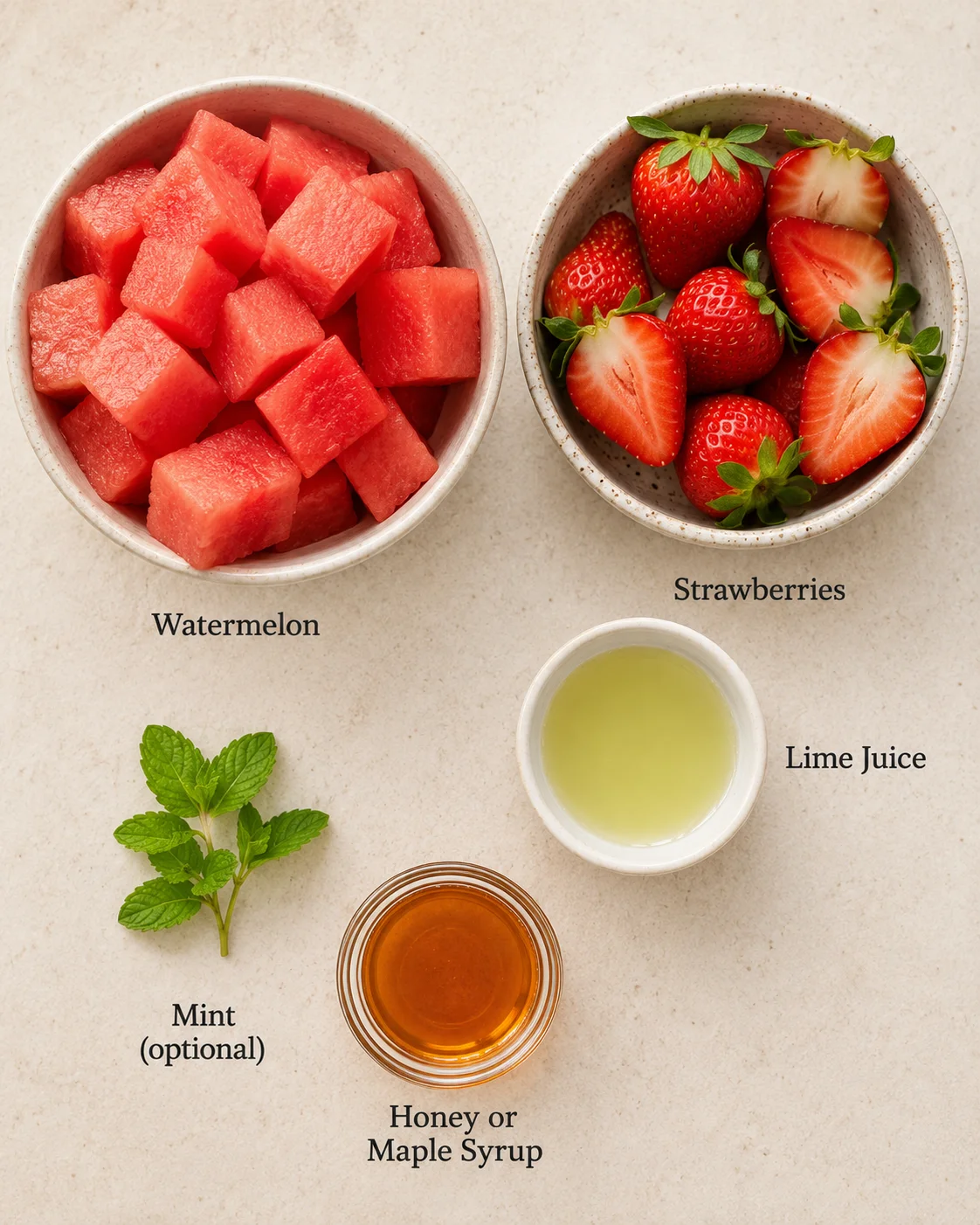 Freshly cut watermelon and strawberries in bowls with lime juice and honey, ready to blend.