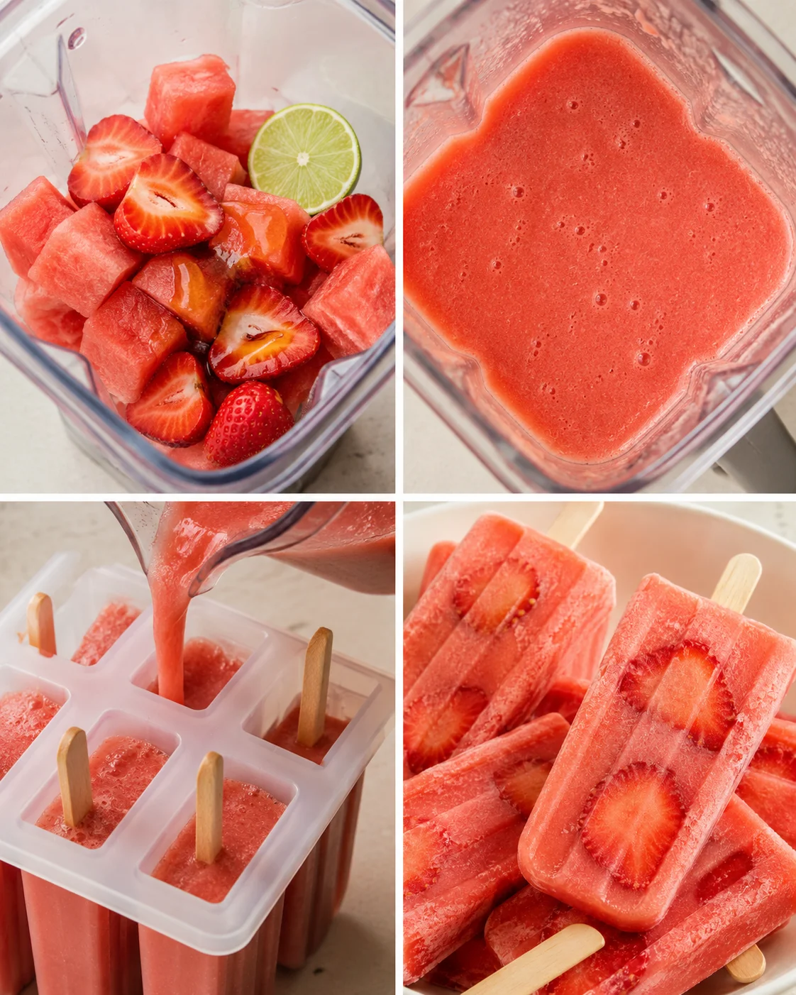 Colorful homemade watermelon and strawberry popsicles on sticks, ready to enjoy summer.