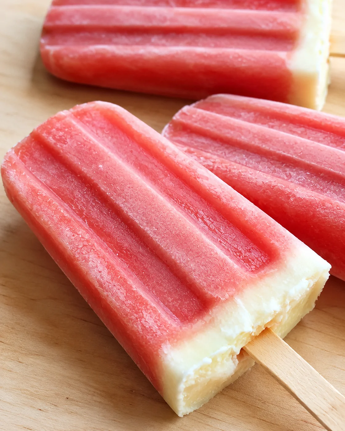 Refreshing watermelon and coconut milk popsicles on a wooden surface