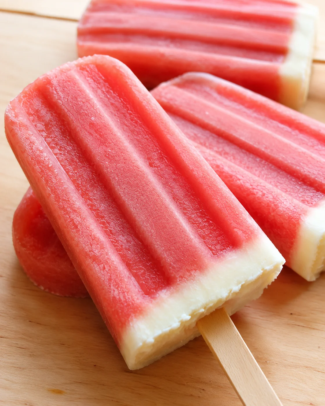 Refreshing watermelon coconut popsicles with vibrant red and creamy texture on wooden surface.