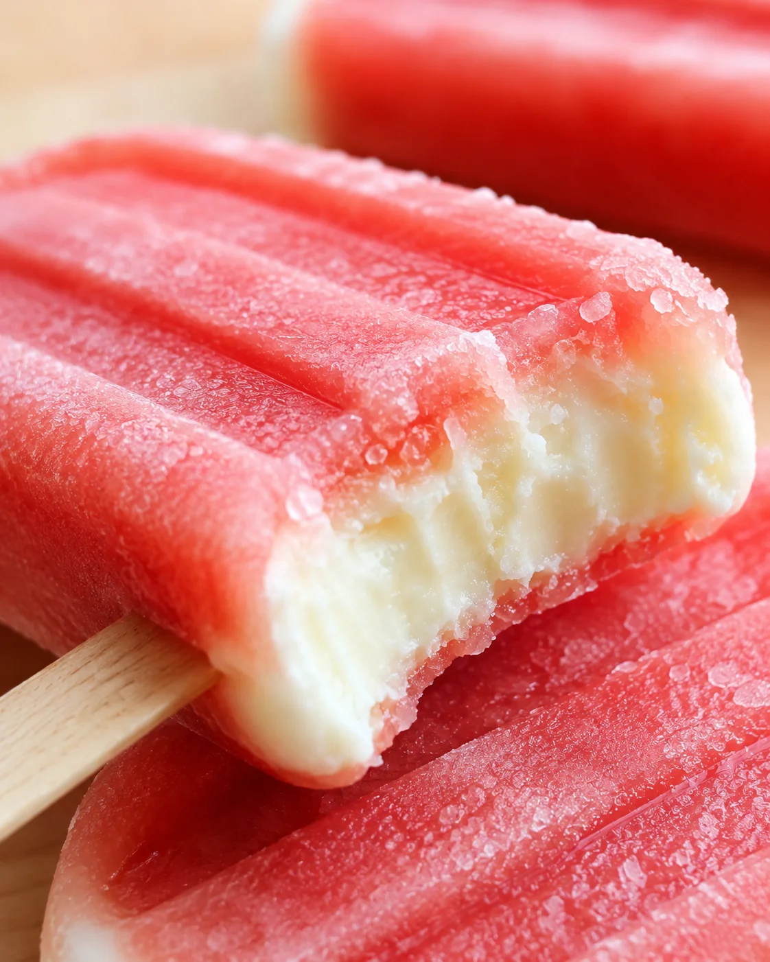 Close-up of creamy watermelon coconut popsicle with frosty texture on a wooden surface