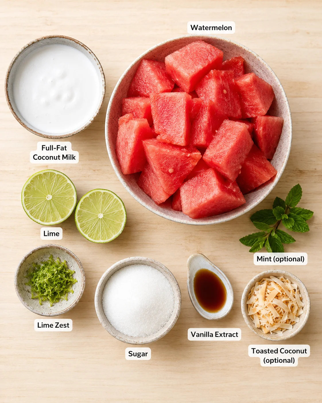Fresh watermelon chunks with coconut milk, lime, and mint for summer popsicles