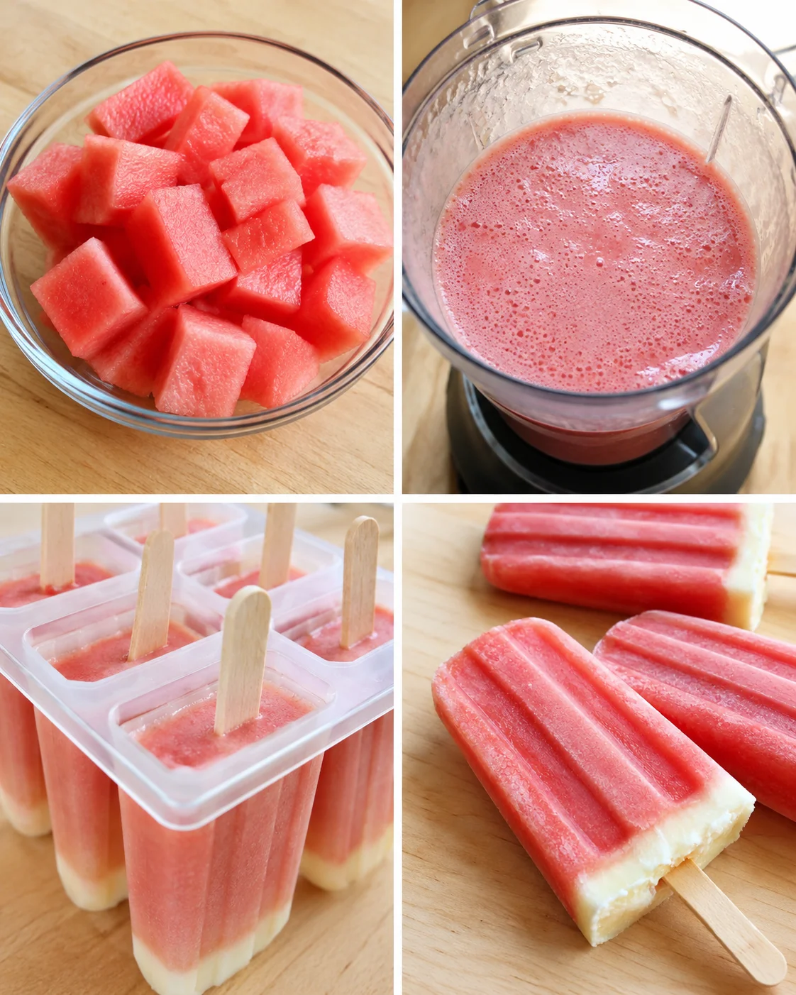 Colorful watermelon and coconut popsicles on a wooden surface.