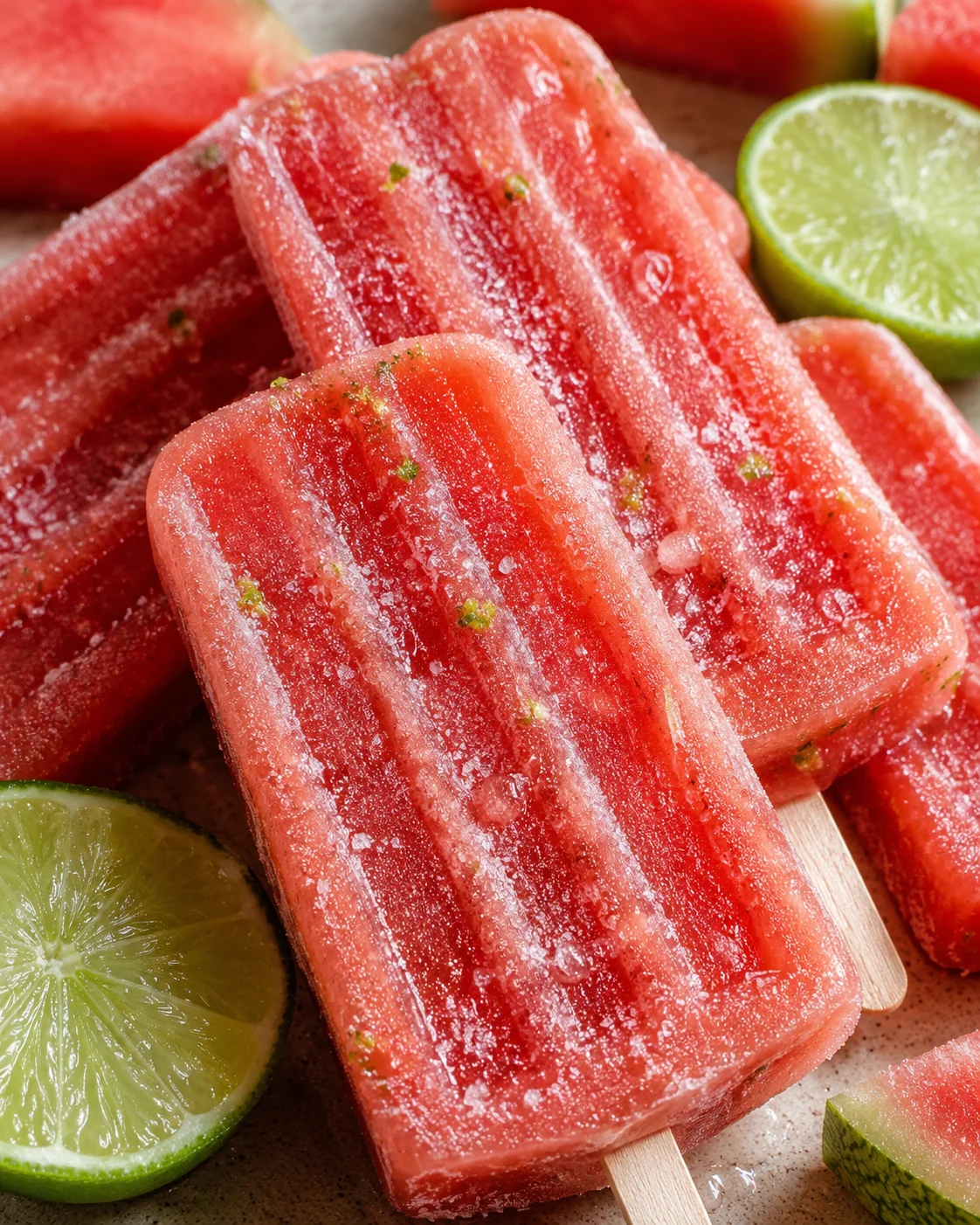 Cold, refreshing watermelon lime popsicles with lime slices on a wooden surface