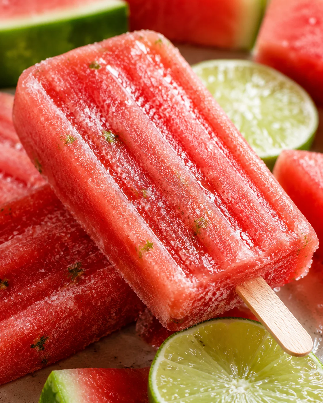 Close-up of ice-cold watermelon lime popsicles with fresh lime slices