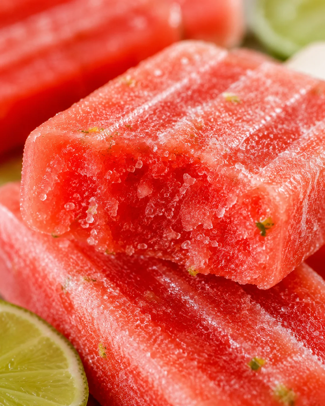 Close-up of refreshing watermelon lime popsicles with icy texture