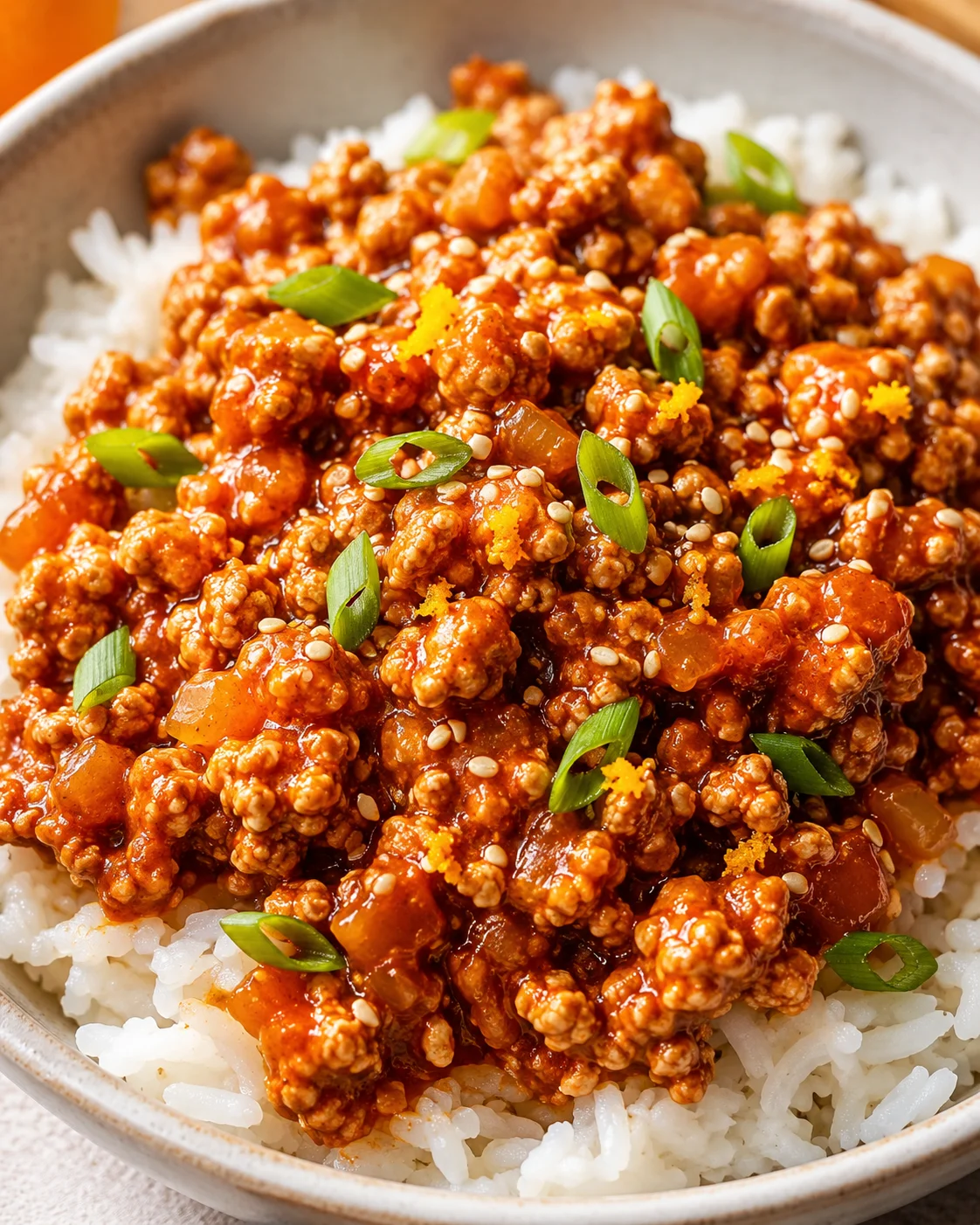 Close-up of a bowl with flavorful orange ground chicken served over rice, garnished with green onions and sesame seeds.