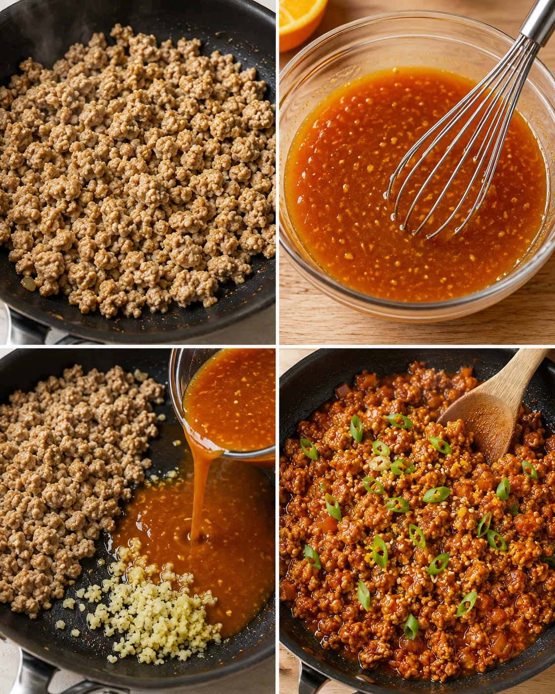 Step-by-step images of cooking ground chicken with orange sauce and garnishing.