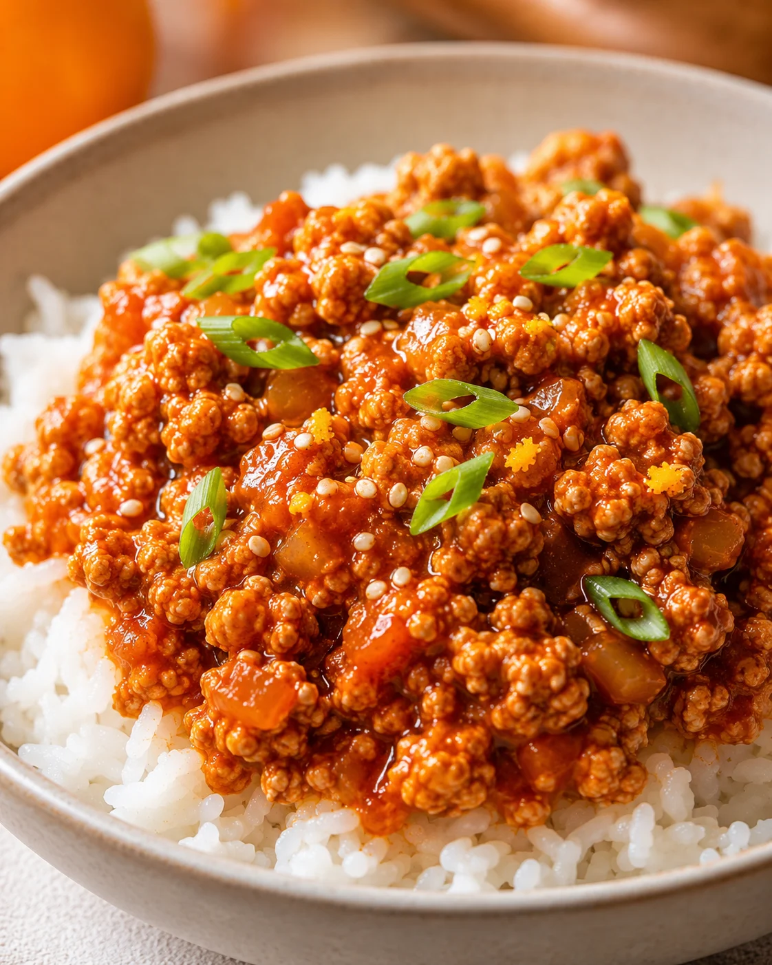 A bowl of savory orange ground chicken served over white rice with green onions on top.