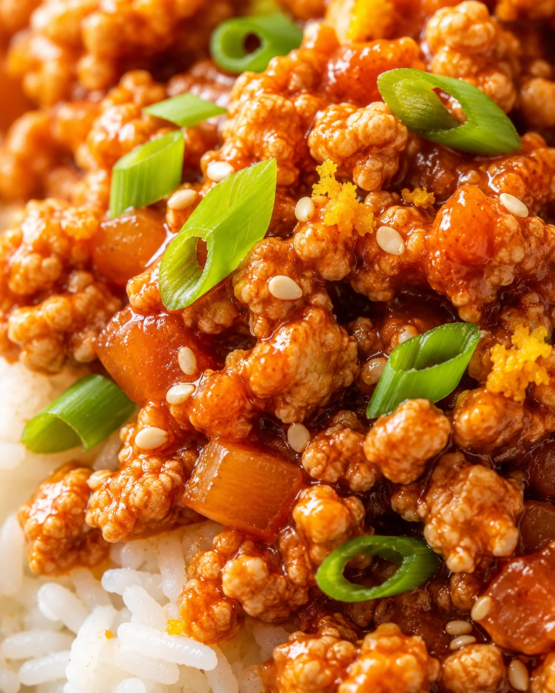 Close-up of a vibrant orange ground chicken stir-fry topped with green onions and sesame seeds