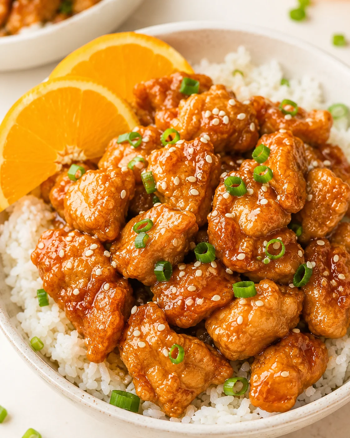 Crispy gluten-free orange chicken served with rice and orange slices garnished with green onions.
