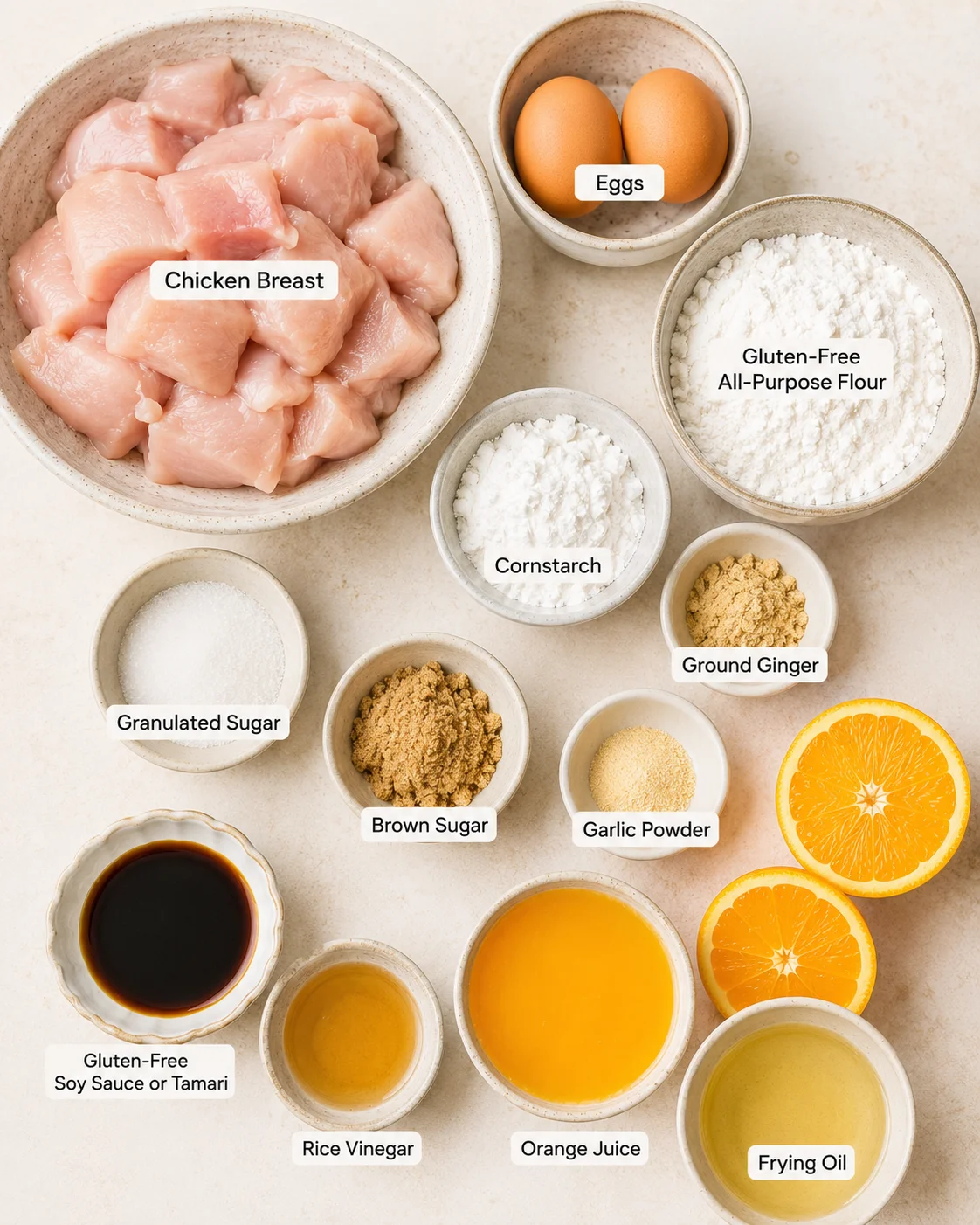 An array of ingredients including chicken, orange, and gluten-free flour for the recipe.