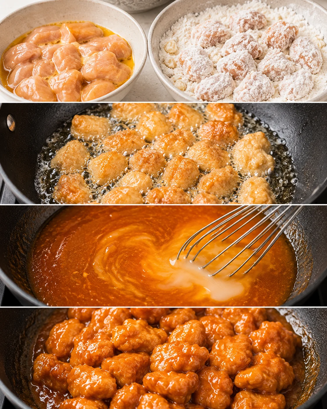 Crispy gluten-free orange chicken coated in tangy sauce in a skillet
