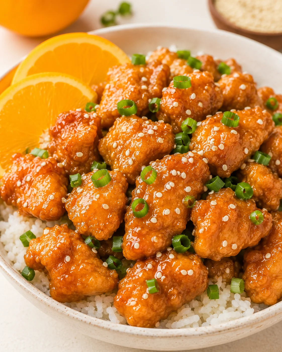 Close-up of crispy gluten-free orange chicken garnished with green onions and sesame seeds