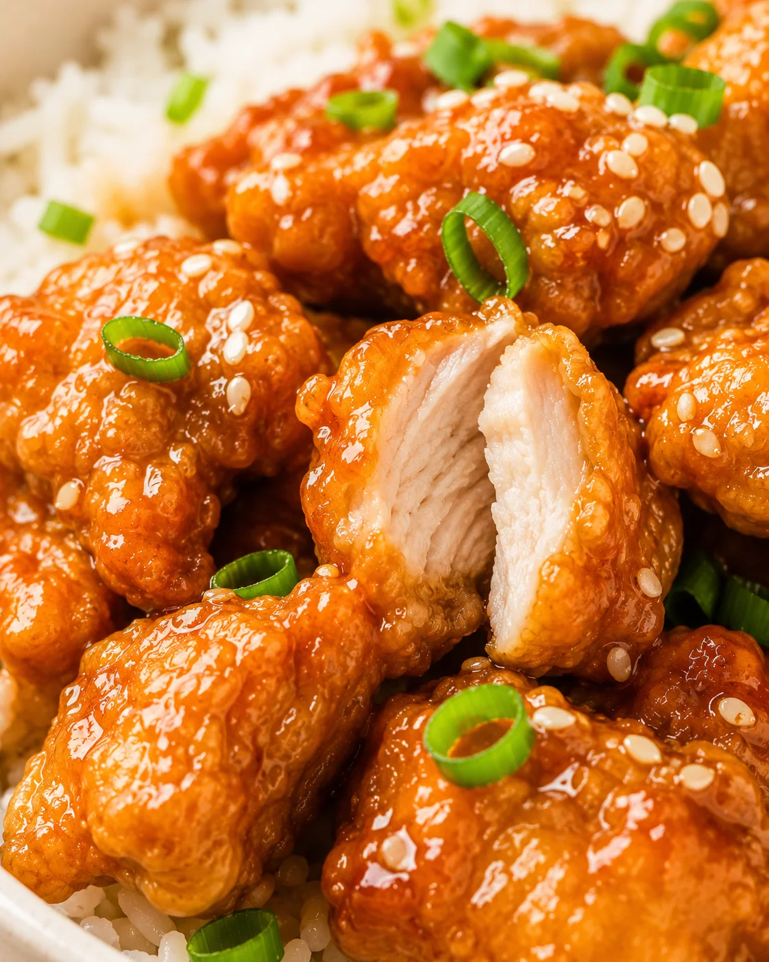 Crispy gluten-free orange chicken bites with green onions and sesame seeds served over rice.