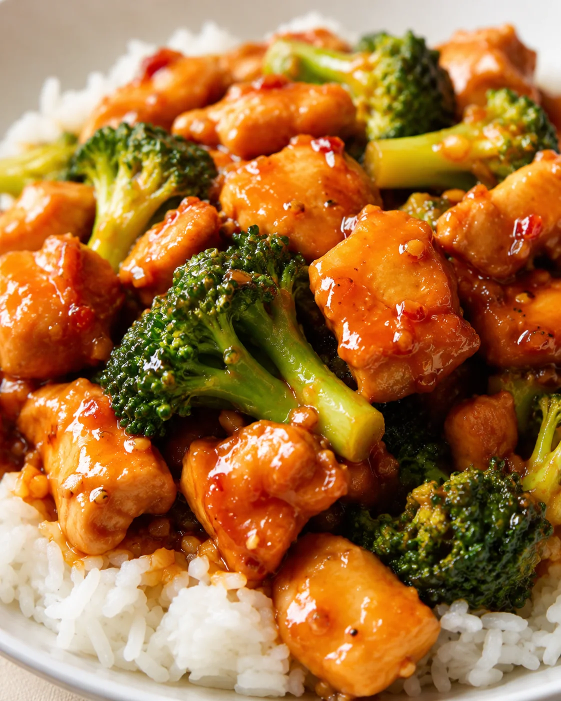Delicious orange chicken and broccoli stir-fry served over rice.