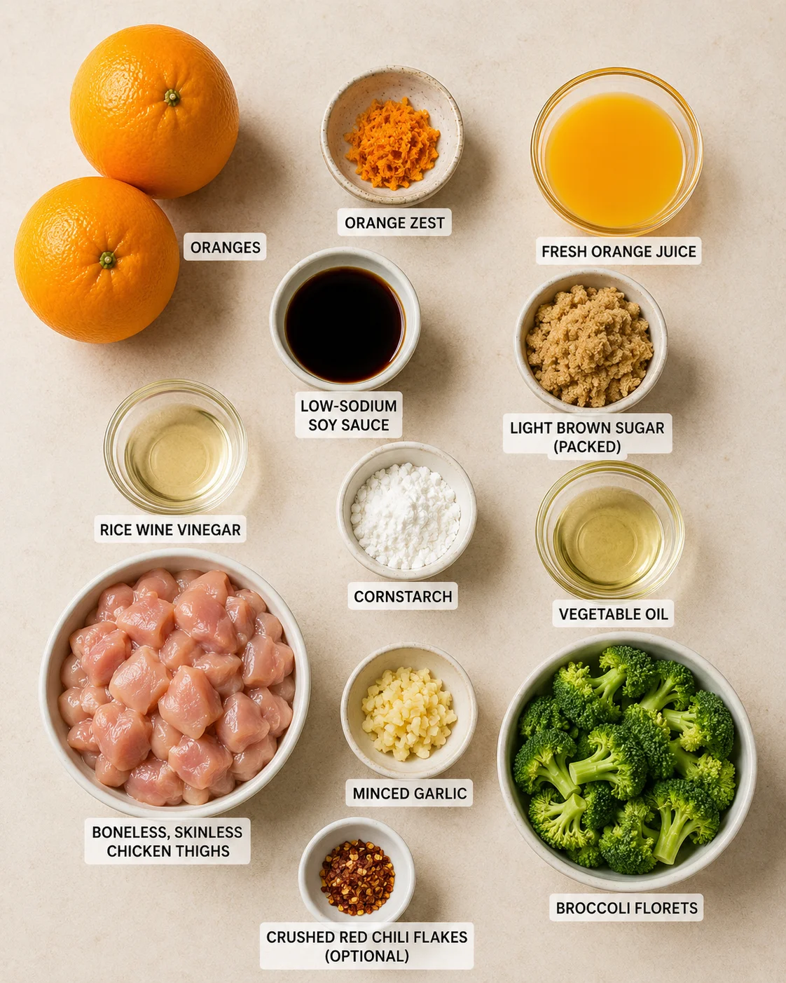 Ingredients for quick orange chicken and broccoli recipe in bowls and on surface