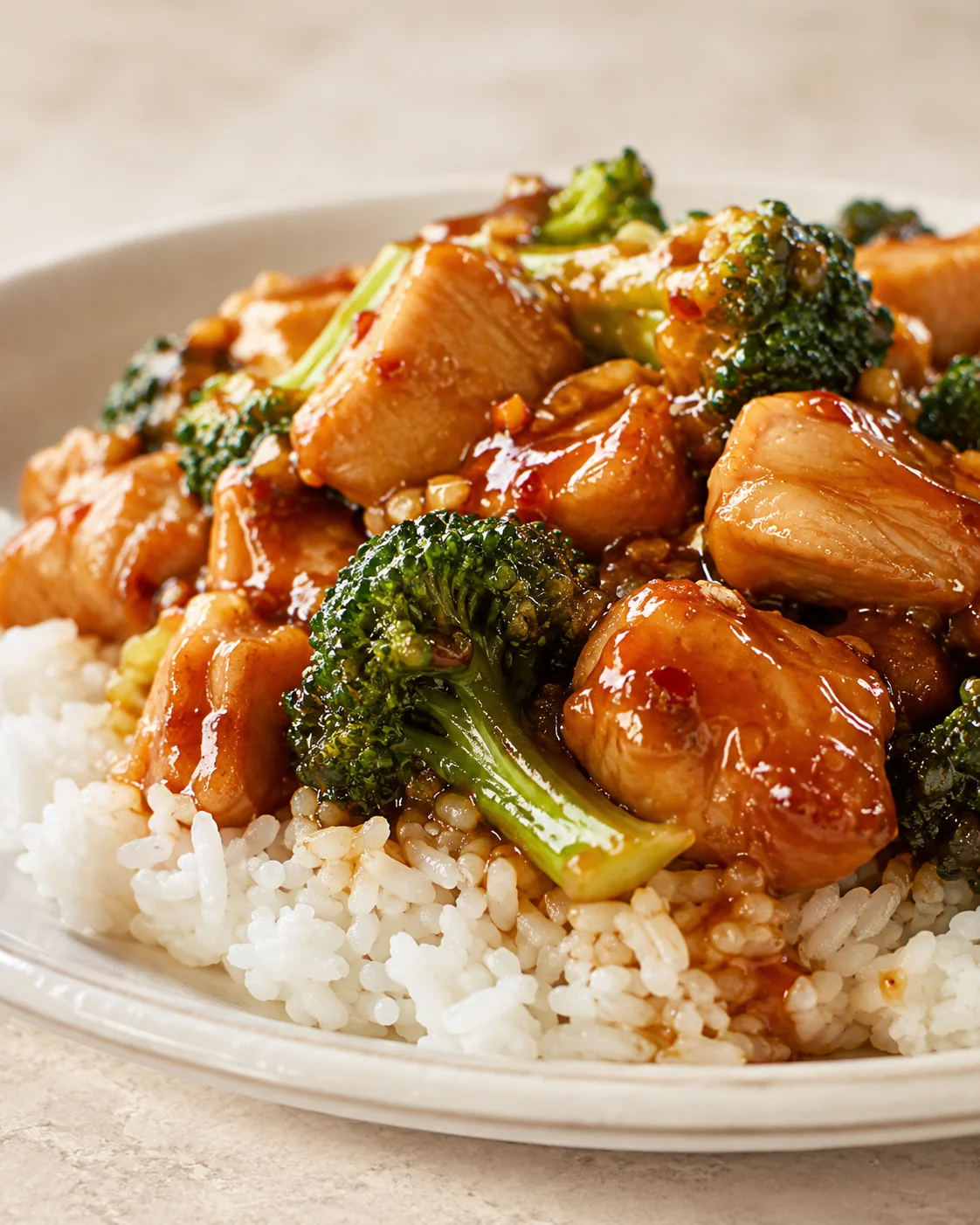 Delicious orange chicken and broccoli stir-fry over rice in a white bowl