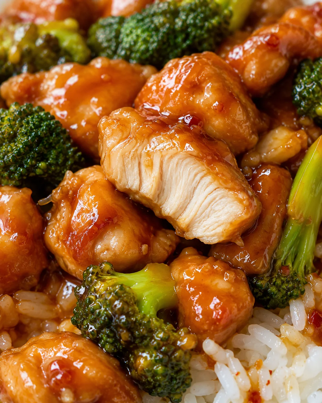 Close-up of juicy chicken and vibrant broccoli in orange sauce.