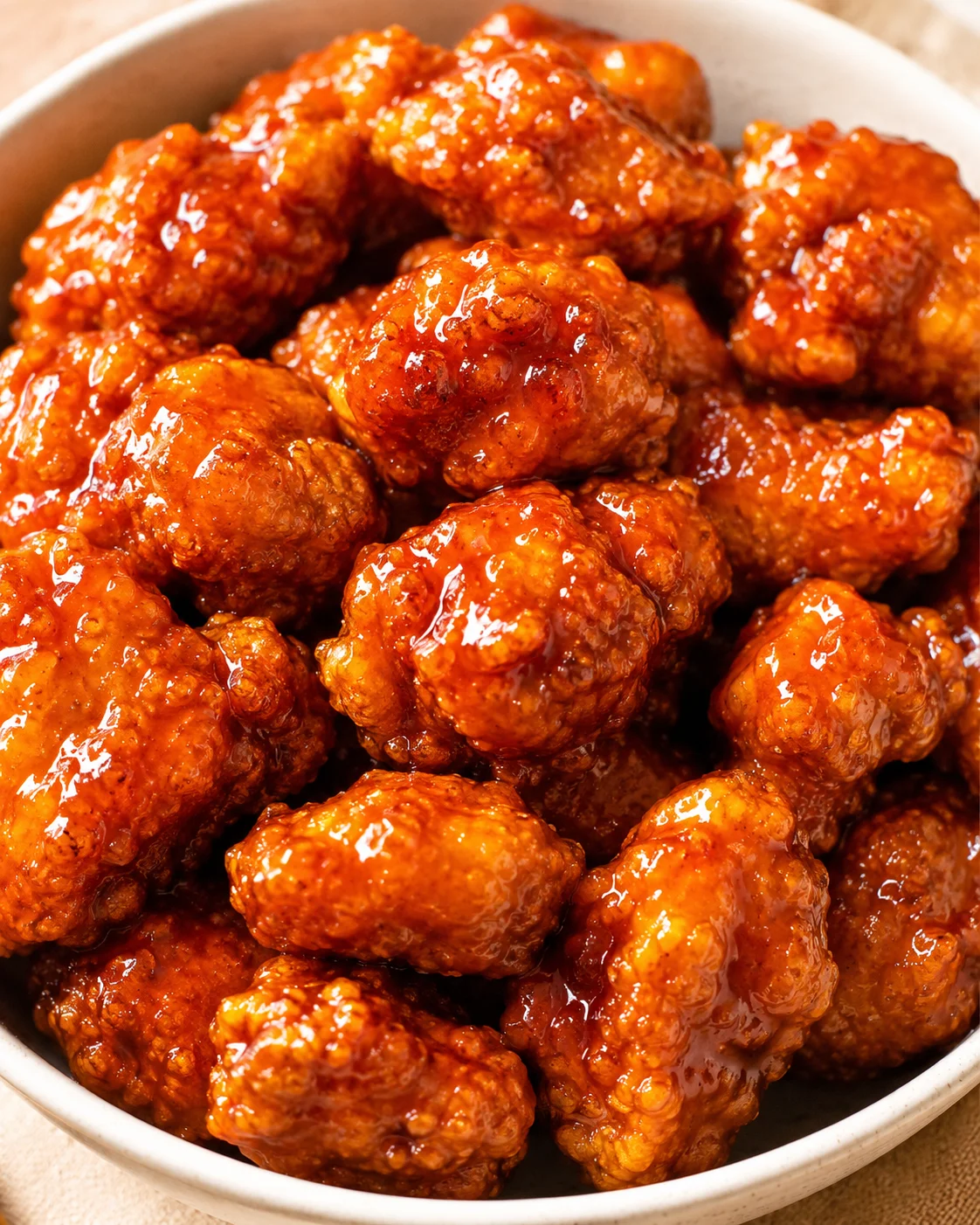 Crispy orange chicken coated in shiny marmalade BBQ sauce served in a bowl.