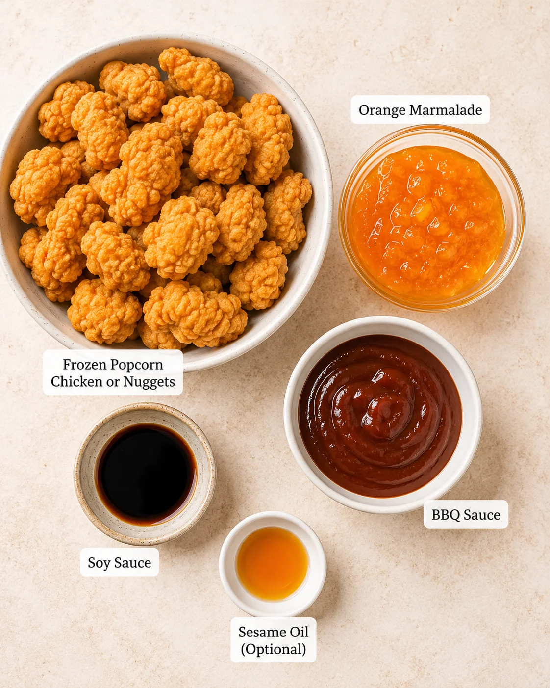 Bowl of crispy fried chicken with orange marmalade BBQ sauce ingredients.