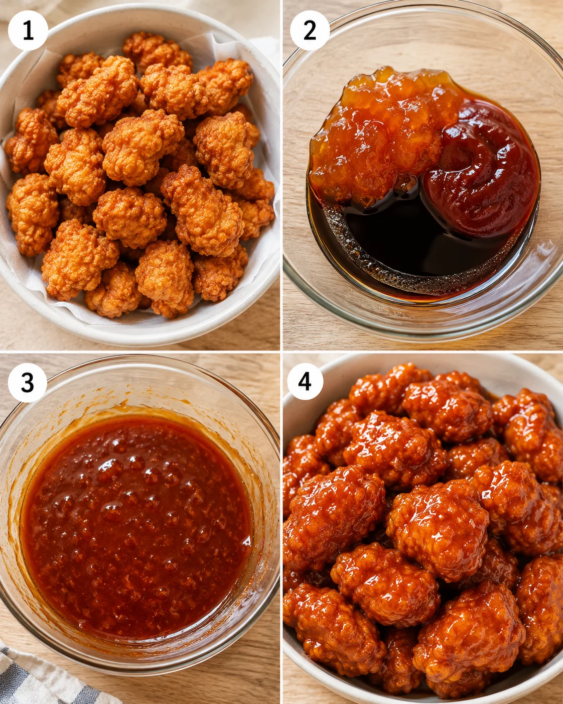 Crispy popcorn chicken topped with homemade orange marmalade BBQ sauce.