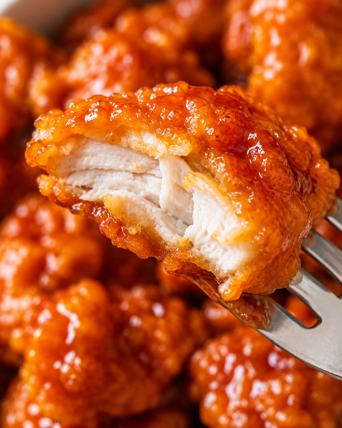 Close-up of crispy orange chicken with glaze, ready to eat.