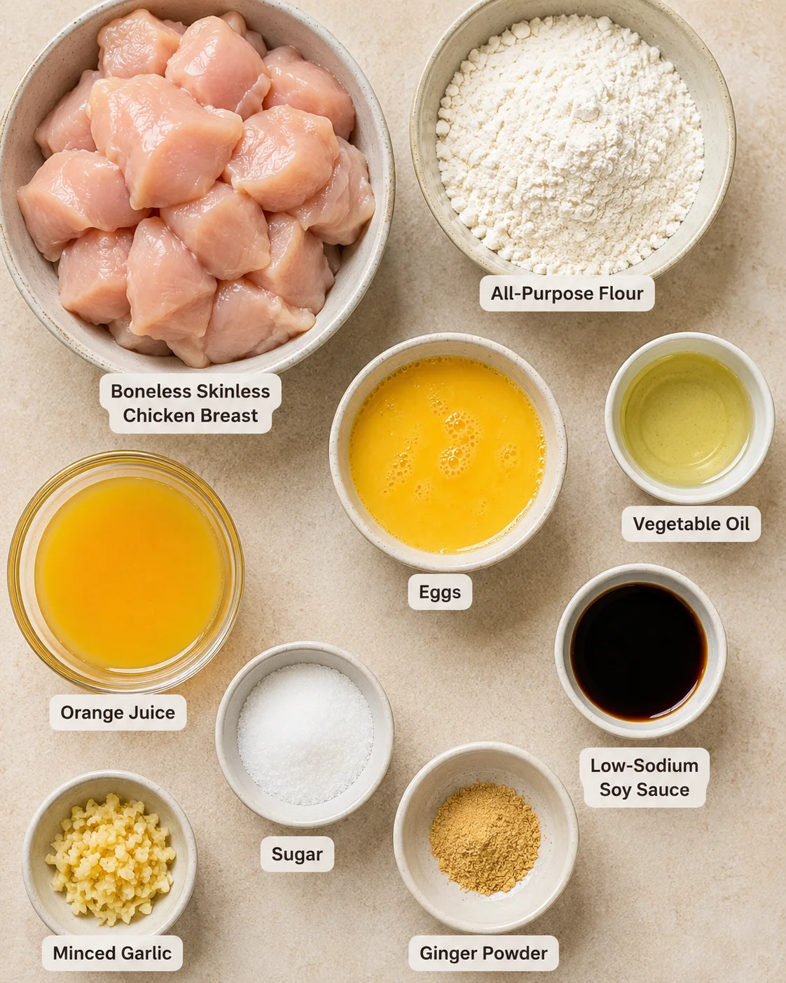 Fresh chicken pieces, flour, and citrus ingredients ready for cooking.