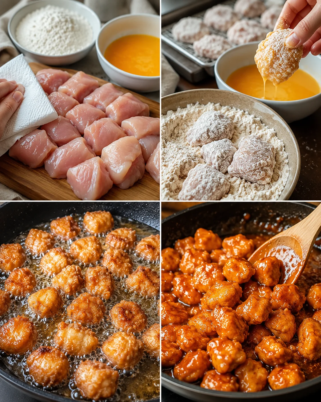 Golden crispy chicken pieces coated in tangy orange glaze in a skillet