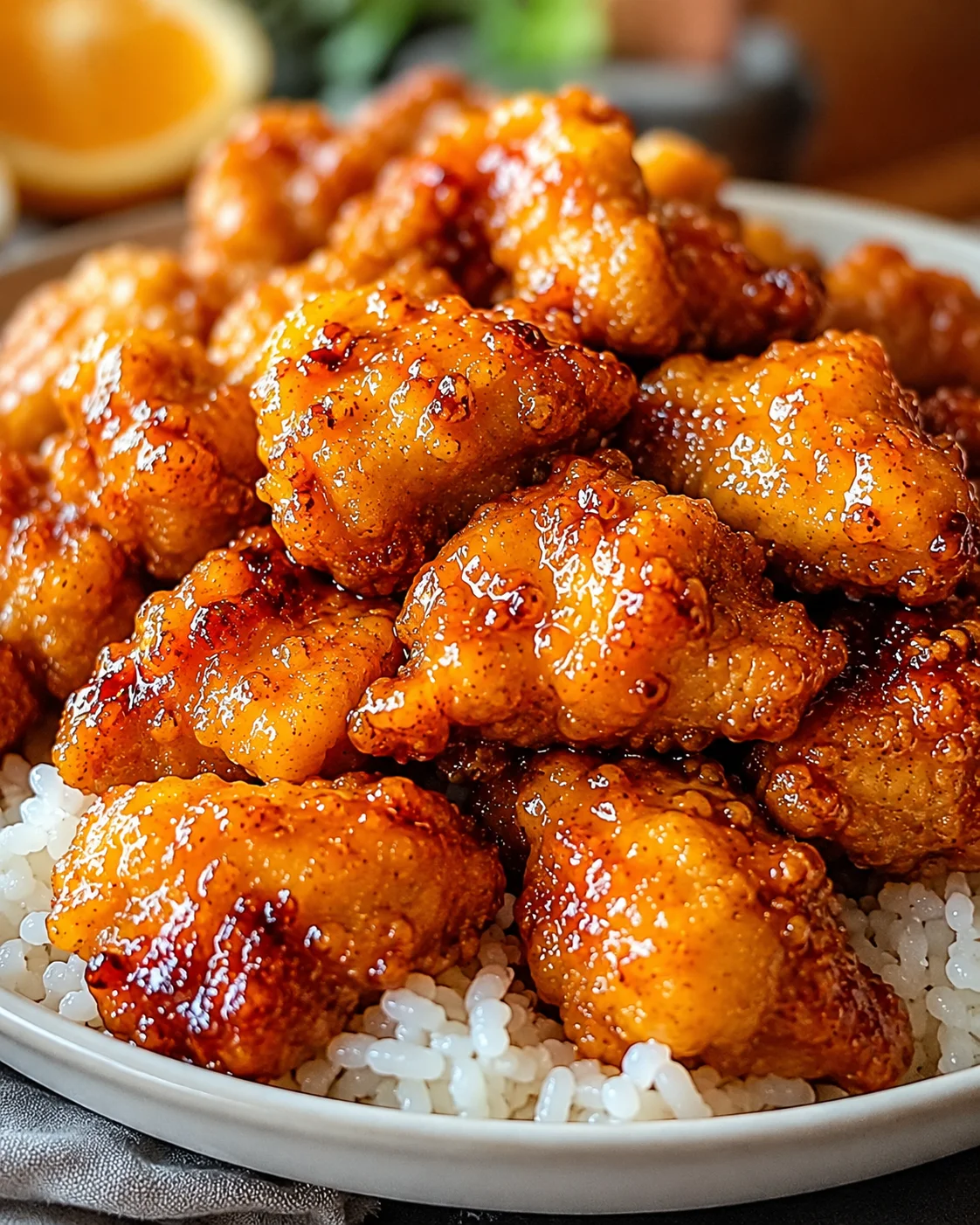Golden crispy orange chicken pieces glazed with tangy orange sauce on rice
