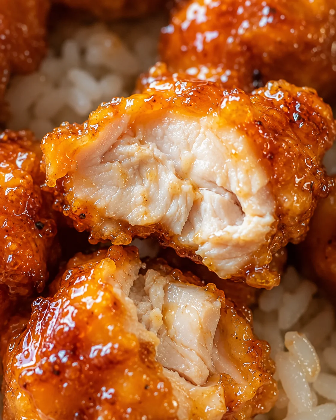 Close-up of crispy orange chicken with a tangy orange glaze.
